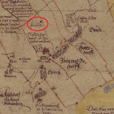 Abb. 2: Die als „Gericht“ bezeichnete Richtstätte südlich der Teutschenthaler Ortslage (rot eingekreist). Ausschnitt aus der ersten kursächsischen Landesaufnahme von Matthias Öder und Balthasar Zimmermann von 1614/34. Karte: Sächsisches Staatsarchiv, Hauptstaatsarchiv Dresden, 12884 Karten und Risse, Schr R, F 001, Bl 013 (MF 00686), Bearbeitung M. Leske Abb. 2 Karte 1614 34 Ausschnitt