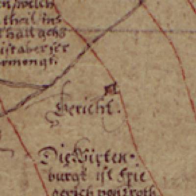 Abb. 3: Detailvergrößerung mit der skizzenhaften Darstellung des Teutschenthaler „Gerichts“. Karte: Sächsisches Staatsarchiv, Hauptstaatsarchiv Dresden, 12884 Karten und Risse, Schr R, F 001, Bl 013 (MF 00686), Bearbeitung M. Leske Abb. 3 Detail