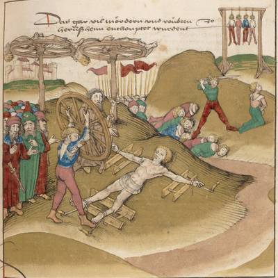 Abb. 4: Bildliche Darstellung verschiedener mittelalterlicher Hinrichtungsarten. Illustration aus der Spiezer Chronik aus dem Jahr 1484/85. Quelle: Bern, Burgerbibliothek / Mss.h.h.I.16 – Diebold Schilling, Spiezer Chronik / p. 401 Abb. 4