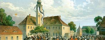 Rittergut Würdenburg während eines Manövers um 1860. Lithografie aus Duncker 1857/83, S. 115. Wikipedia, public domain