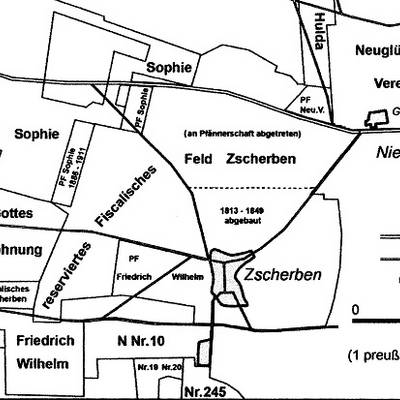 Abb. 7: Situationsplan der Gruben zwischen Eisdorf und Zscherben 1870. Bearbeite Karte aus Oelke 2017, S. 98 Abb. 7 verkleinert
