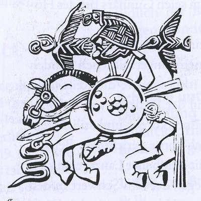 Abb. 4: Dargestellt ist wohl der Toten- und Kriegsgott Odin/Wodan auf seinem Pferd Sleipnir („der Dahingleitende“) in Begleitung seiner Raben Hugin („Gedanke, Sinn“) und Munin („Erinnerung“). Pressblechbild von einem Helm. Vendel, Uppland (Schweden; Grab 1); 6./7. Jh. Abbildung aus Helmbrecht 2011, S. 78 Abb. 4 Kriegsgott Odin Wodan auf seinem Pferd Sleipnir klein