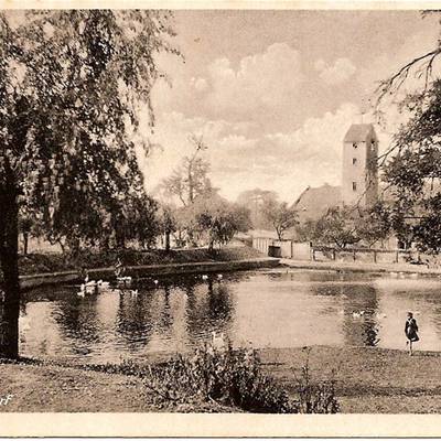 Abb. 6: Der Eisdorfer Dorfteich auf einer Fotokarte, gel. 1956[Verlag: Kunstanstalt R. Leiter, Halle/Saale – 9,0 x 14,0 cm], Sammlung Mike Leske