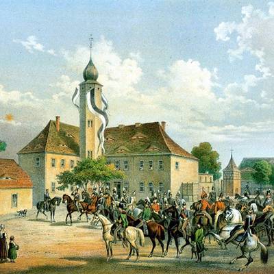 Abb.3: Rittergut Würdenburg während eines Manövers um 1860. Lithografie aus Duncker 1857/83, S. 115. Wikipedia, public domain